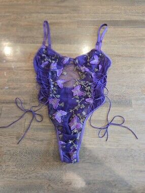 Sheer Purple Floral Embroidered Lace Teddy